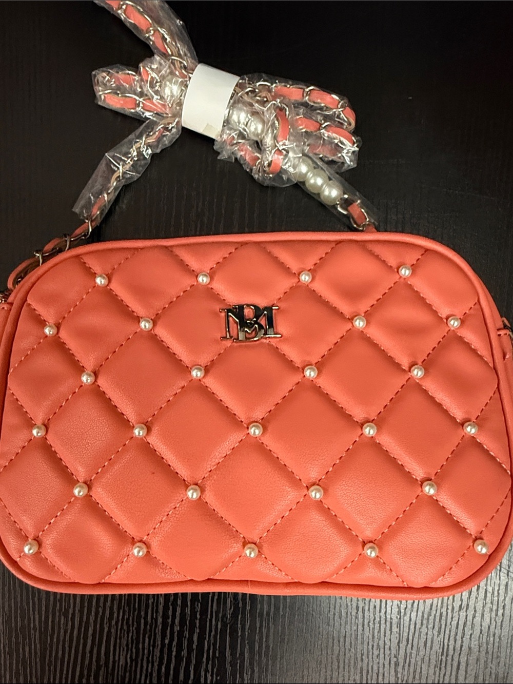 Badgley Mischka Coral Quilted Pearl-Stud Crossbody